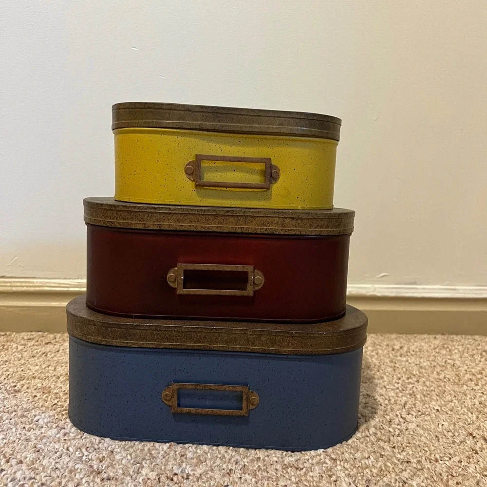 Vintage Style Nesting Metal Tins Set of 3 Oval Storage Boxes Label Holders